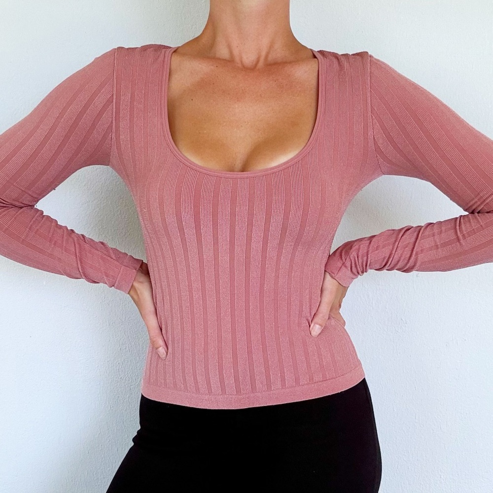 Free People metallic blush pink ribbed stripe scoop neck long sleeve top XS/S